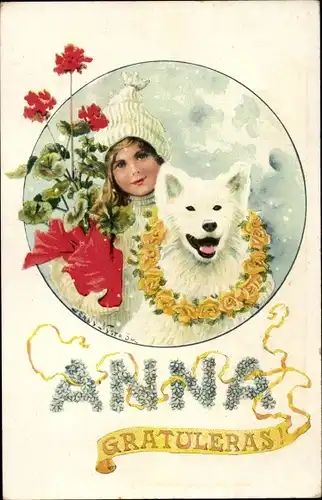 Künstler Ak Nyström, J., Glückwunsch, Mädchen, Hund, Rosen, Blumenstrauß