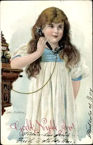 Künstler Ak Nyström, J., Glückwunsch Neujahr, Mädchen beim Telefonieren