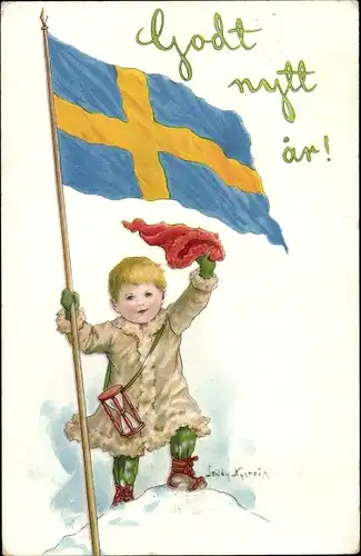 Künstler Ak Nyström, J., Glückwunsch Neujahr, Junge, Schwedische Fahne, Mütze, Sanduhr