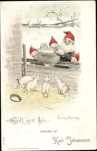 Künstler Litho Nyström, J., Glückwunsch Neujahr, Zwerge füttern Schweine, Schweinestall