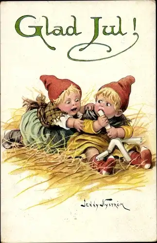 Künstler Ak Nyström, J., Glückwunsch Weihnachten, Kinder, Heu, Rote Mütze