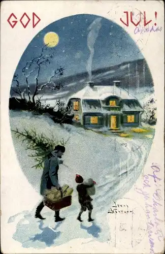 Mondschein Künstler Ak Nyström, J., Glückwunsch Weihnachten, Mann mit Tannenbaum, Wohnhaus