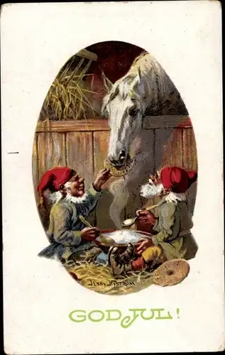 Künstler Ak Nyström, J., Glückwunsch Weihnachten, Zwerge füttern ein Pferd