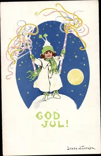 Mondschein Künstler Ak Nyström, J., Glückwunsch Weihnachten, Mädchen in weißem Mantel