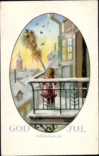 Künstler Ak Nyström, J., Glückwunsch Weihnachten, Mädchen auf dem Balkon, Stock, Vögel