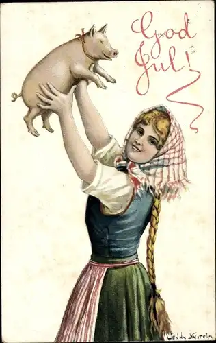 Künstler Ak Nyström, J., Glückwunsch Weihnachten, Junge Frau in Tracht, Schwein