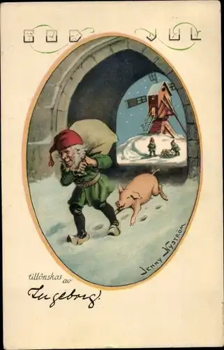 Künstler Ak Nyström, Jenny, Glückwunsch Weihnachten, Zwerg mit Sack, Schwein, Windmühle