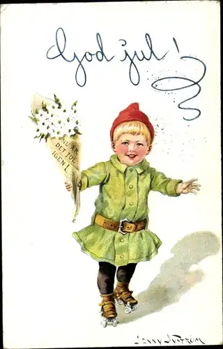 Künstler Ak Nyström, Jenny, Glückwunsch Weihnachten, Kind mit Blumenstrauß