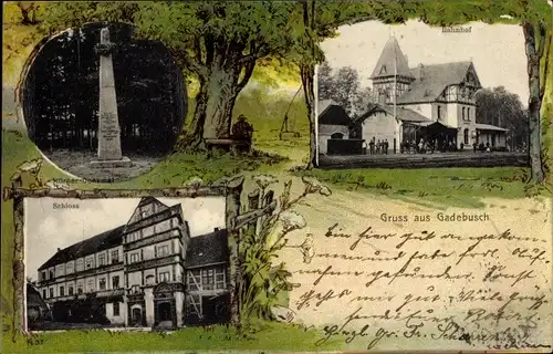 Ak Gadebusch in Mecklenburg, Bahnhof, Gleisseite, Schloss, Körner-Denkmal
