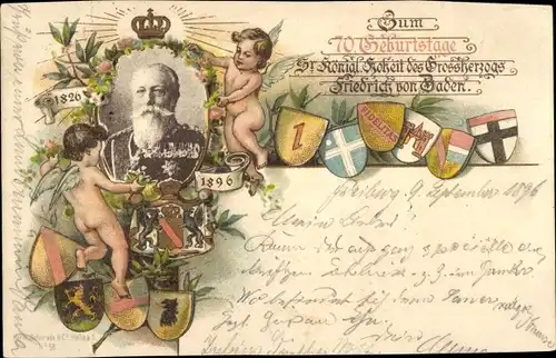 Wappen Ak 70. Geburtstag Großherzog Friedrich von Baden 1896