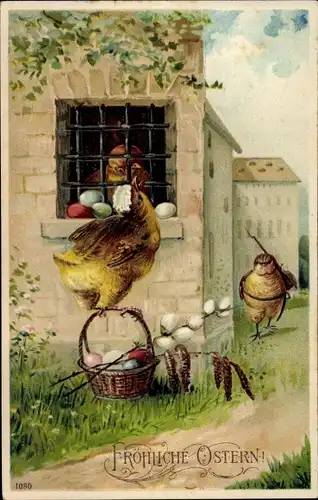 Präge Litho Glückwunsch Ostern, Vermenschlichte Küken, Ostereier, Wachposten