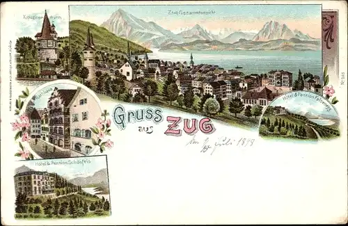 Litho Zug Stadt Schweiz, Kapuzinerturm, Hotel und Pension Schönfels, Rathaus