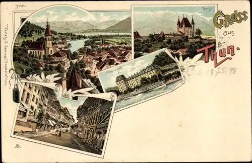 Litho Thun Kanton Bern Schweiz, Burg, Straßenpartie, Totalansicht