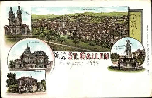 Litho Sankt Gallen Stadt Schweiz, Monumentalbrunnen, Unionbank, Museum, Kathedrale