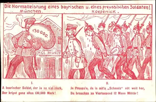 Ak Die Normalleistung eines bayrischen und eines preußischen Soldaten