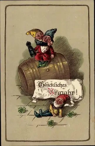 Ak Glückwunsch Neujahr, Betrunkene Zwerge, Bierfass, Kleeblätter