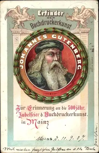 Passepartout Litho Mainz am Rhein, Johannes Gutenberg, Portrait, 500 jähr. Feier d. Buchdruckerkunst