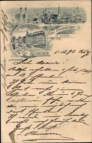 Vorläufer Litho München Bayern, Hotel Oberpollinger am Karlstor, Totalansicht, 1893