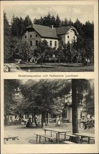 Ak Lochham Gräfelfing in Oberbayern, Waldrestauration und Haltestelle