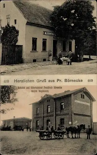 Ak Preußisch Börnecke Groß Börnecke Hecklingen Salzlandkreis, Bahnhof, Güterbahnhof, Gasthof