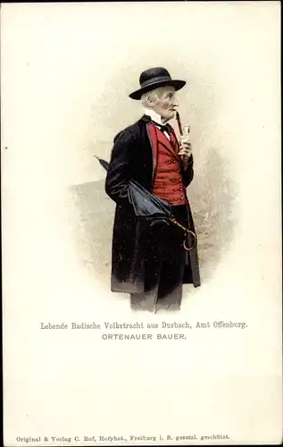 Ak Badische Volkstracht aus Durbach, Ortenauer Bauer mit Pfeife und Regenschirm