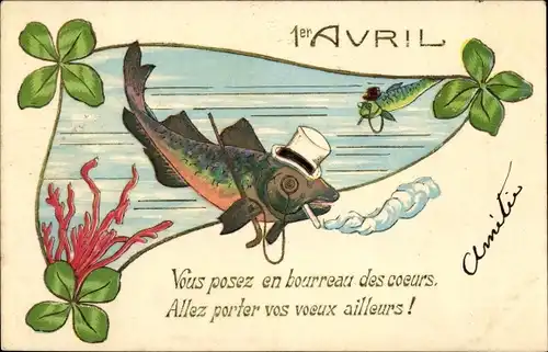 Ak 1. April, Vermenschlichte Fische mit Zigarette, Kleeblätter