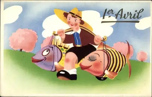 Ak 1. April, Junge trägt große Fische
