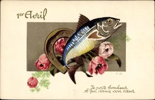 Künstler Ak 1. April, 1er Avril, Fisch, Hufeisen, Mohnblüten