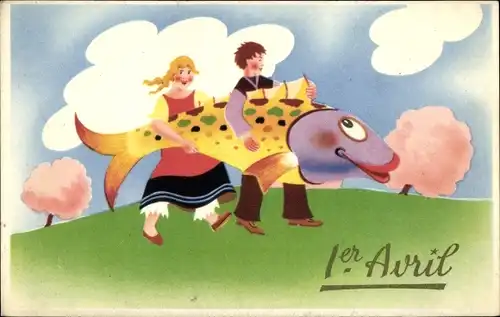 Ak 1. April, Paar trägt großen Fisch