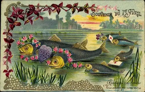 Präge Litho 1. April, 1er Avril, Fische, Blumen, Briefe