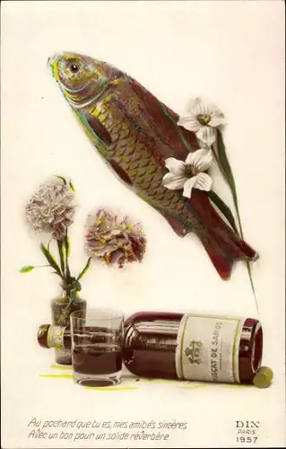 Ak Fisch, Blumen, Schnapsflasche