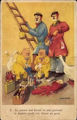 Künstler Ak Vermenschlichte Schweine, Gänse, Clowns, Maler