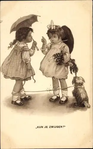 Ak Zwei Mädchen unterhalten sich, Schirm, Hund, Puppe