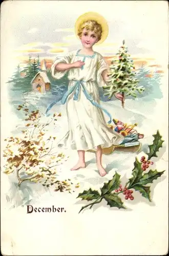Ak Glückwunsch Weihnachten, Christkind mit Tannenbaum, Geschenke, Stechpalme, Dezember