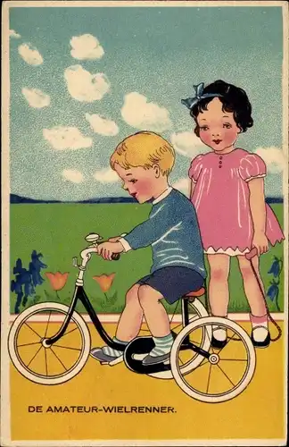 Ak Junge auf einem Dreirad, Mädchen mit Springseil
