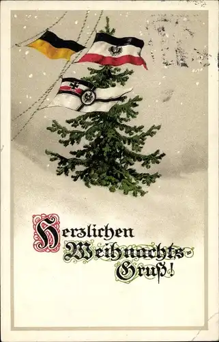 Ak Glückwunsch Weihnachten, Tannenbaum, Schneefall, Fahnen
