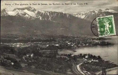Ak Vevey Kanton Waadt, Gesamtansicht, Dent de Jaman, Rochers de Naye