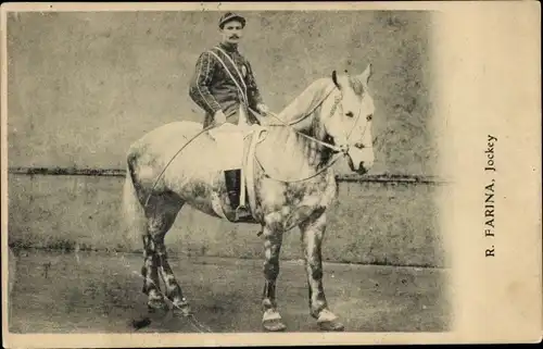 Ak Rennpferd mit Jockey R. Farina