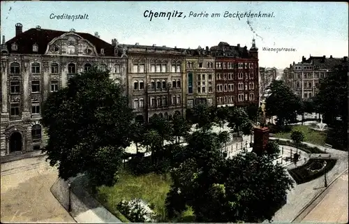 Ak Chemnitz Sachsen, Beckerdenkmal, Kreditanstalt, Wiesenstraße