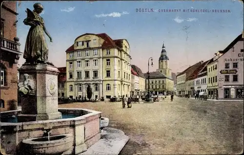 Ak Döbeln in Sachsen, Obermarkt mit Schlegelbrunnen, Geschäfte