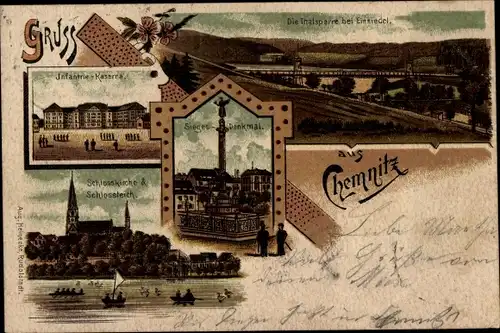 Litho Chemnitz Sachsen, Talsperre, Infanterie Kaserne, Schlosskirche, Siegesdenkmal