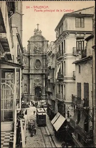 Ak Valencia Stadt Spanien, Haupttor und die Kathedrale