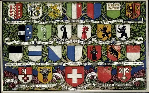 Wappen Ak Kantonswappen der Schweiz, Schwyz, Genf, Waadt, Tessin, Neuenburg, Thurgau, Wallis