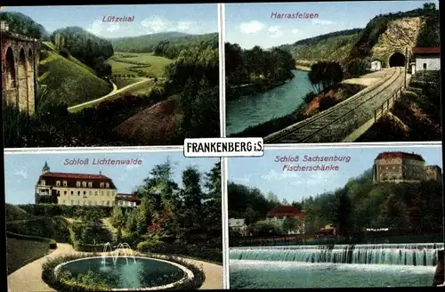 Ak Frankenberg an der Zschopau, Lützeltal, Harrasfelsen, Schloss Lichtenwalde, Fischerschänke, Wehr