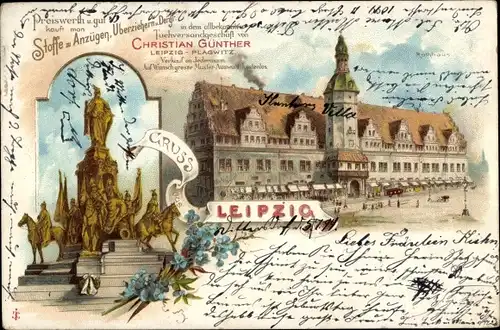 Litho Leipzig in Sachsen, Rathaus, Siegesdenkmal, Reklame Geschäft von Christian Günther