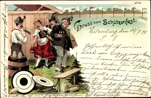 Litho Gruß vom Schützenfest, Mann mit Gewehr, Bierfass, Zielscheiben