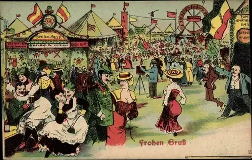 Ak Vergnügungspark, Fest, Feiernde Menschen, Schießhalle, Riesenrad