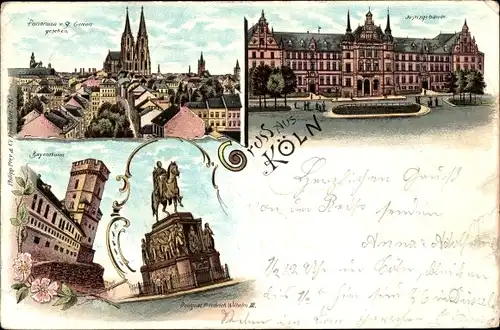 Litho Köln am Rhein, Panorama, Justizgebäude, Denkmal Friedrich Wilhelm II