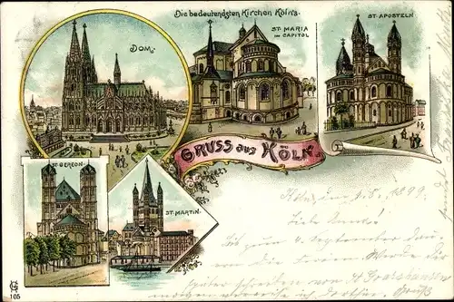 Litho Köln am Rhein, Dom, Kirchen St. Gereon, St. Martin, St. Maria im Capitol, St. Aposteln
