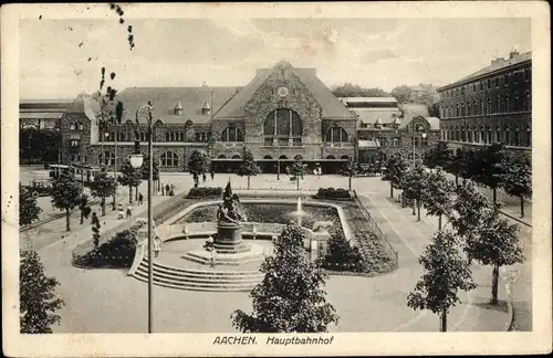Ak Aachen, Hauptbahnhof, Brunnenanlage, Statue, Straßenbahn